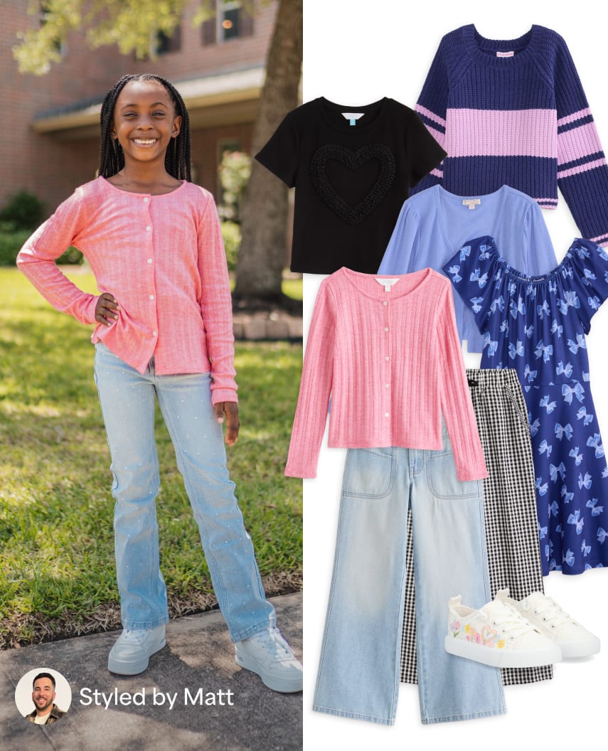 Child in pink cardigan and light jeans, alongside a flat lay layout of black heart top, blue dress, and sneakers. Text: Zyla’s Fix