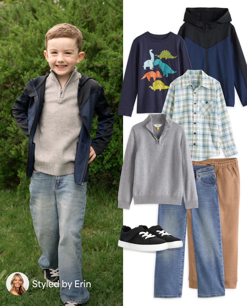 A personalized kids’ Fix featuring Tenor in a pastel tee, shorts, and sporty sandals beside a curated outfit board with lightweight separates, joggers, shorts, and casual warm-weather styles. Text reads “Tenor’s Fix,” “Budget: $18-$33/item,” and “Styled by Jessica.”