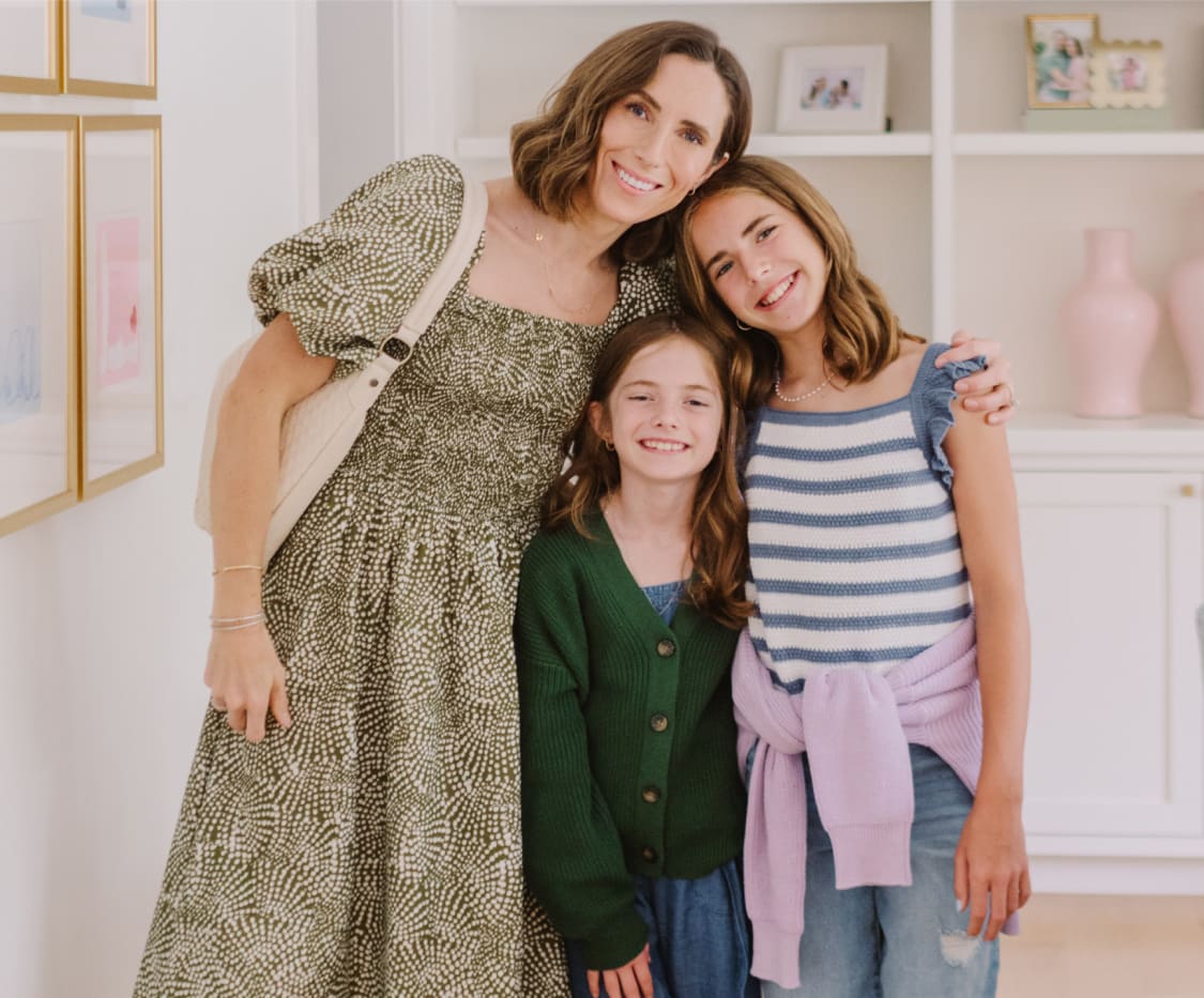 Side-by-side of a woman with two children in casual clothing and a family of four posing outdoors in casual outfits