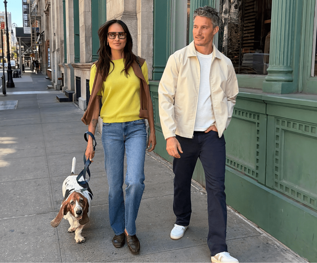 Side-by-side of a woman in green knit dress and a couple sitting together in casual outfits with a dog