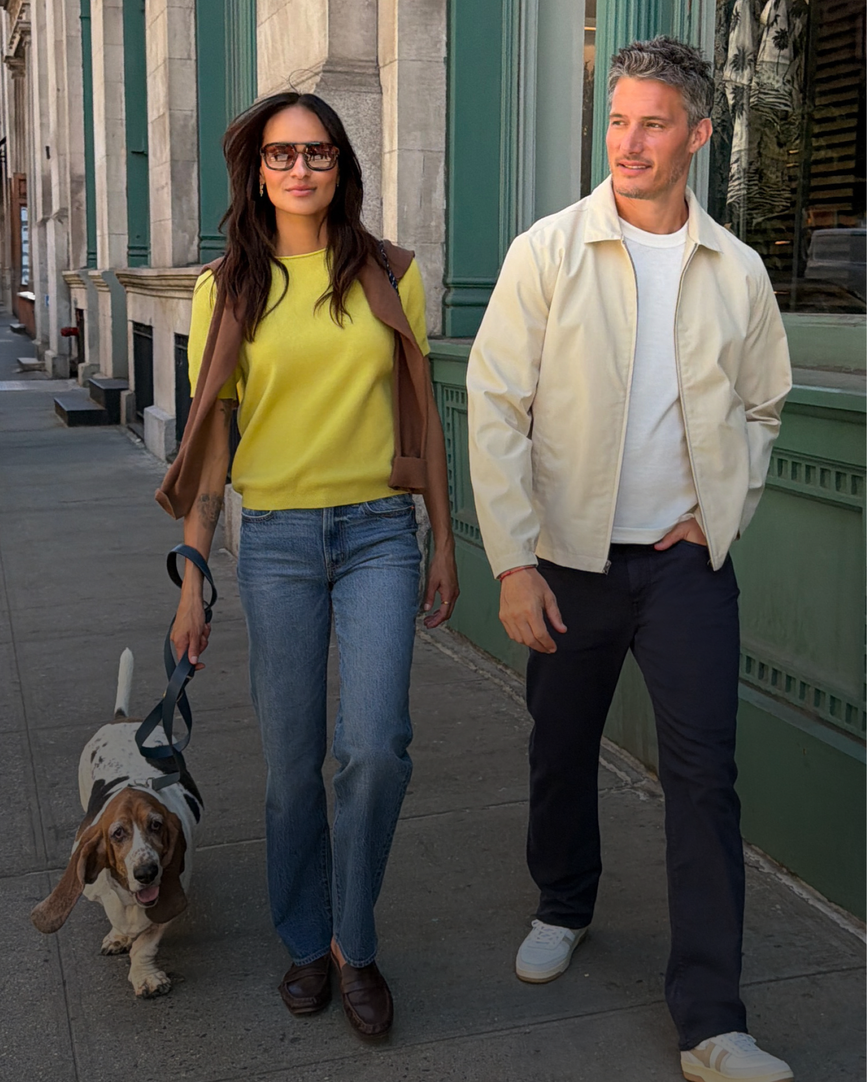 Side-by-side of a woman in green knit dress and a couple sitting together in casual outfits with a dog
