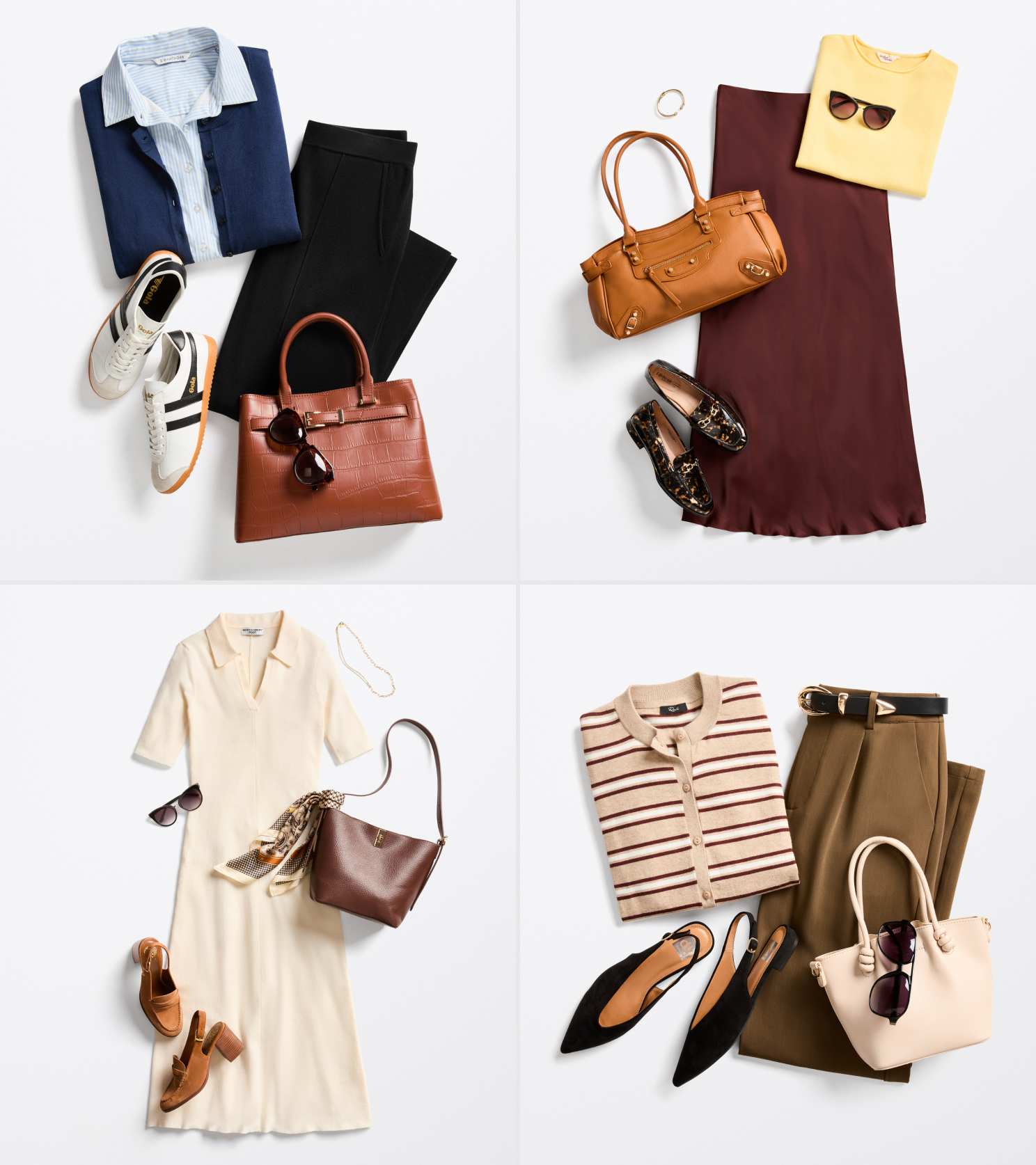 Four flat lays featuring dresses, tops, denim, jackets, boots, loafers, and tote bags in neutral and red hues