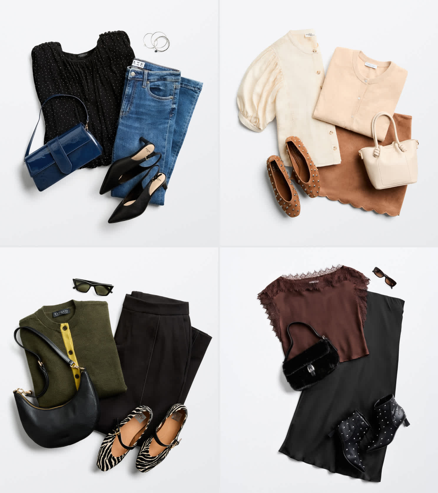 Four flat lays showing black, cream, olive, and brown tops paired with jeans, skirts, mules, and shoulder bags