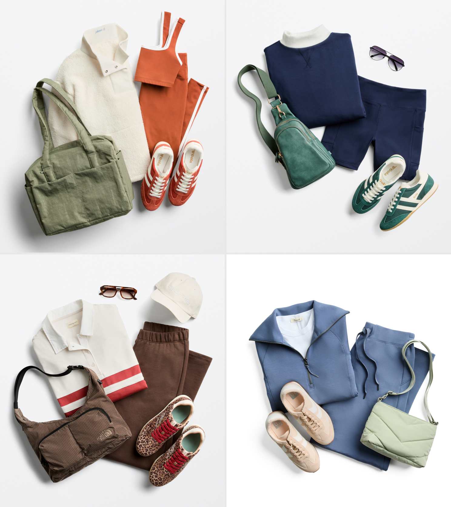 Four flat lays of casual wear including activewear, fleece pullovers, leggings, sneakers, and crossbody bags