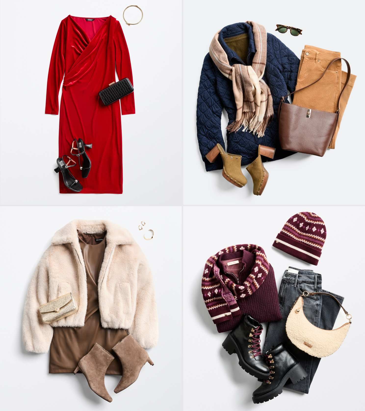 Four flat lays featuring a red velvet dress, navy jacket, fleece coat, and sweater paired with boots and bags