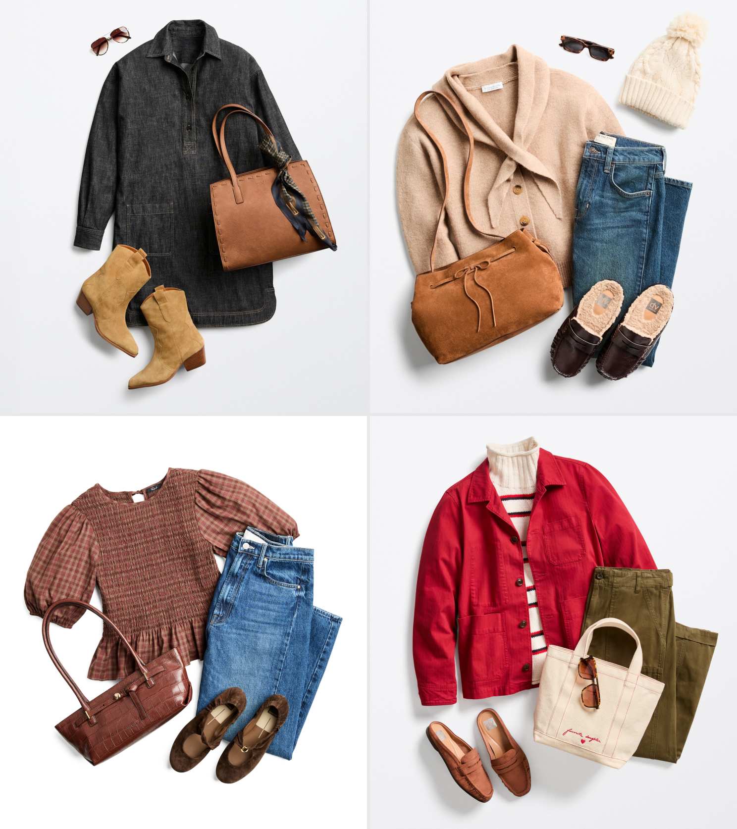 Mobile app layout featuring a brown plaid skirt with a mustard cardigan, brown studded bag, and boots