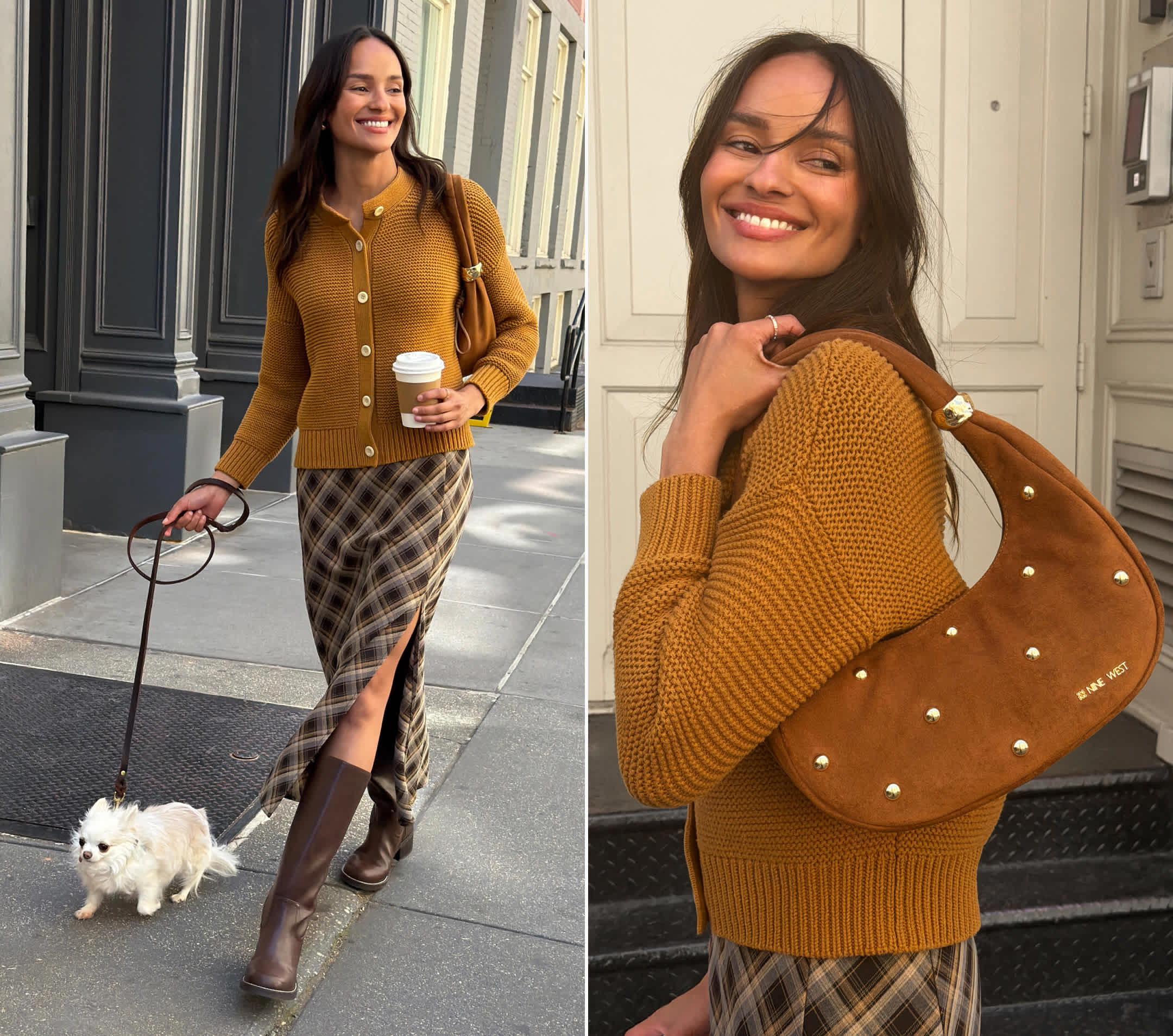 Diptych: A woman walking a dog in a mustard cardigan, plaid skirt, brown boots, and shoulder bag; close-up of the bag