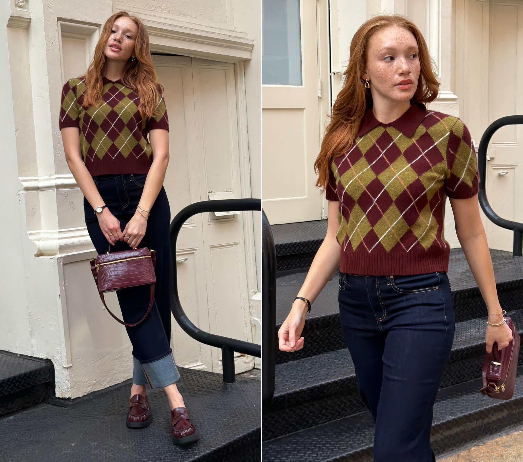 Diptych: A woman in a burgundy and green argyle short-sleeve sweater, dark jeans, loafers, and a matching bag