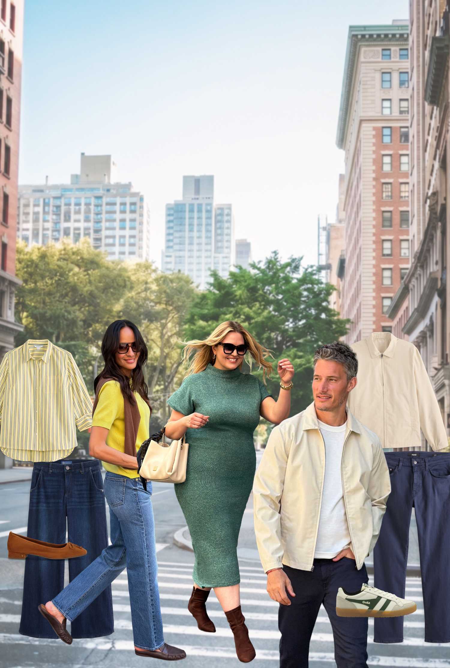 Two women and two men wearing casual fall outfits on a tree-lined city street, surrounded by coordinating clothing, shoes and accessories.