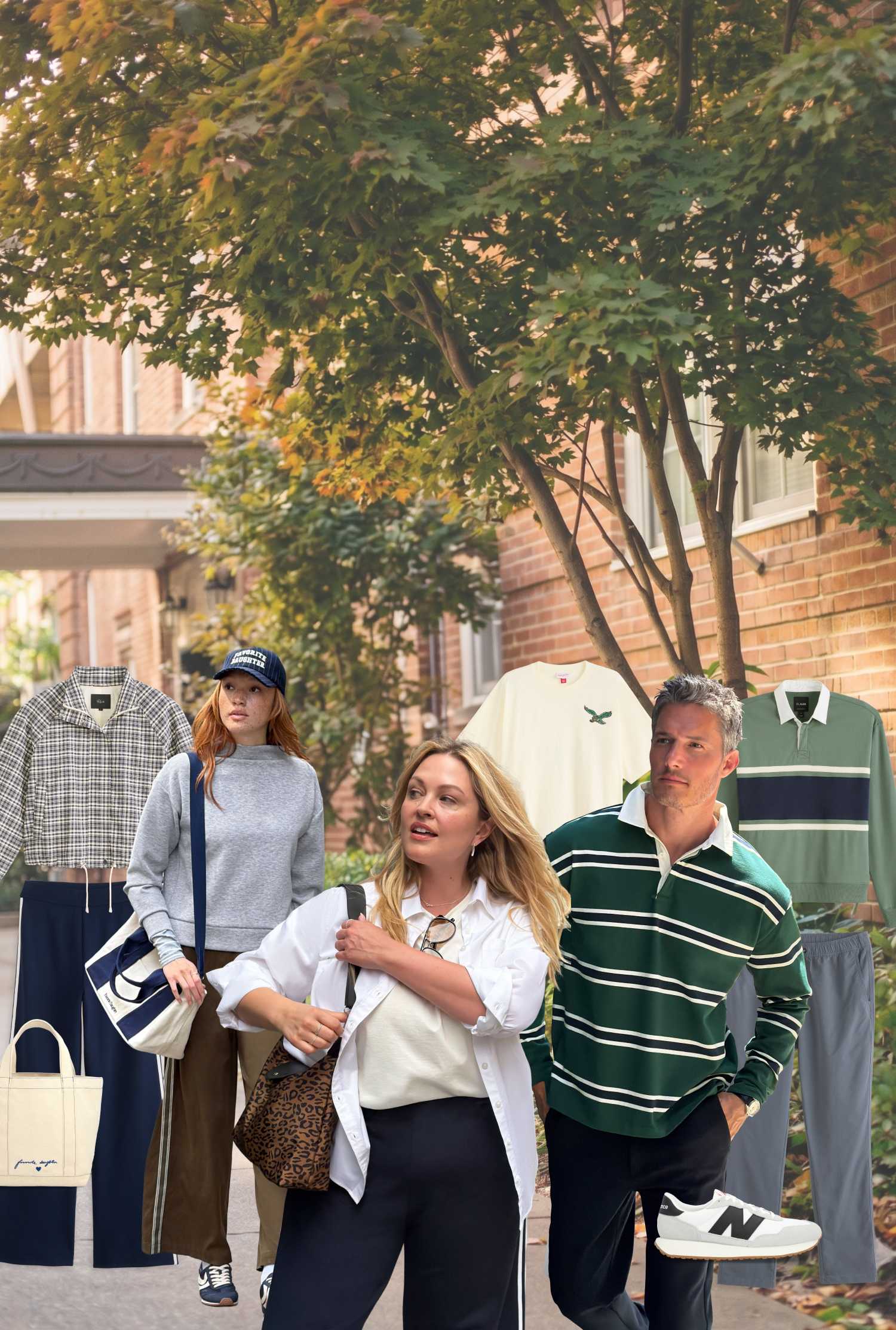 Two women and two men wearing relaxed fall outfits on a leafy neighborhood sidewalk, surrounded by coordinating clothing, shoes and accessories.