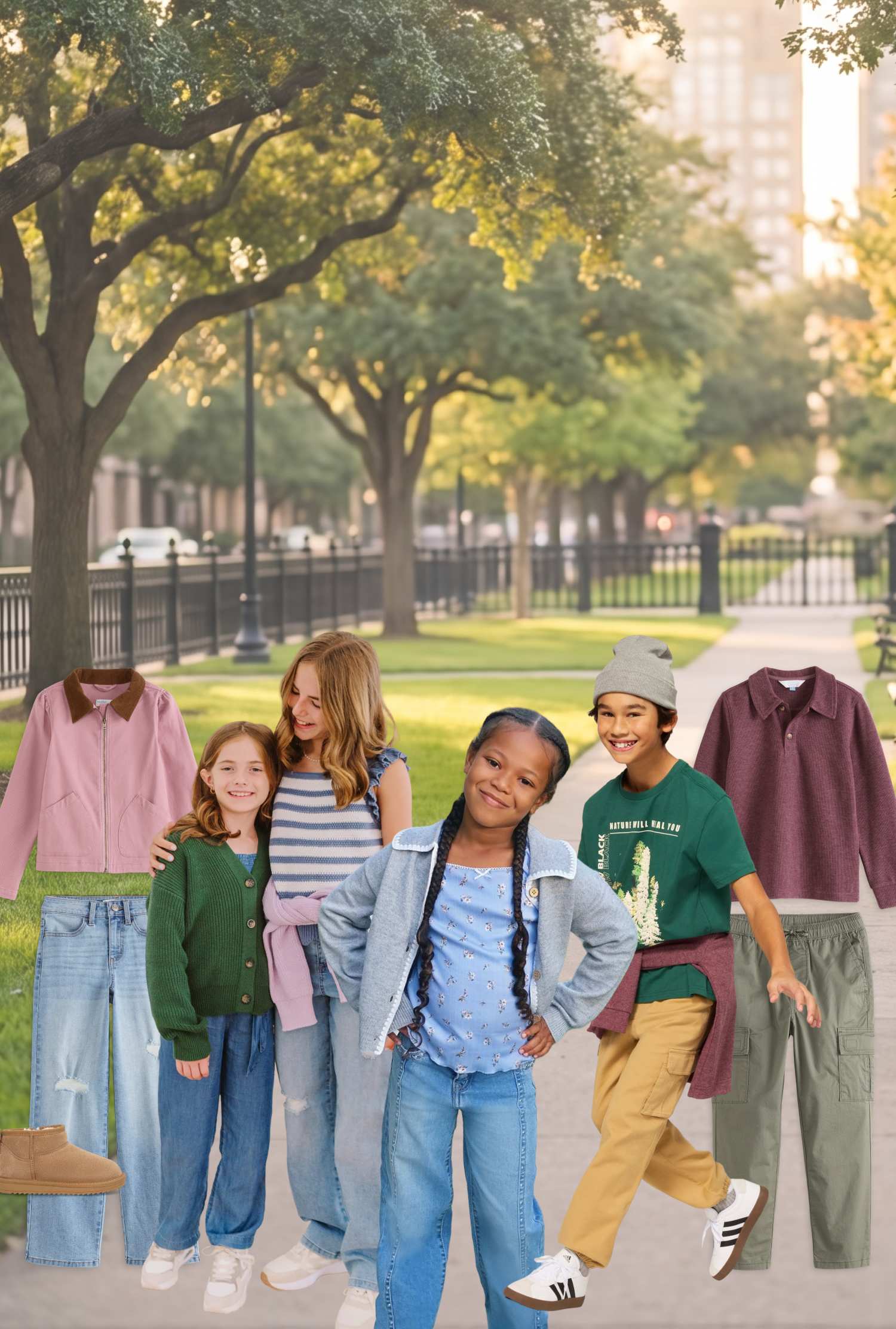 Four kids wearing colorful casual fall outfits in a sunny, tree-lined park, surrounded by coordinating kids’ clothing and shoes.