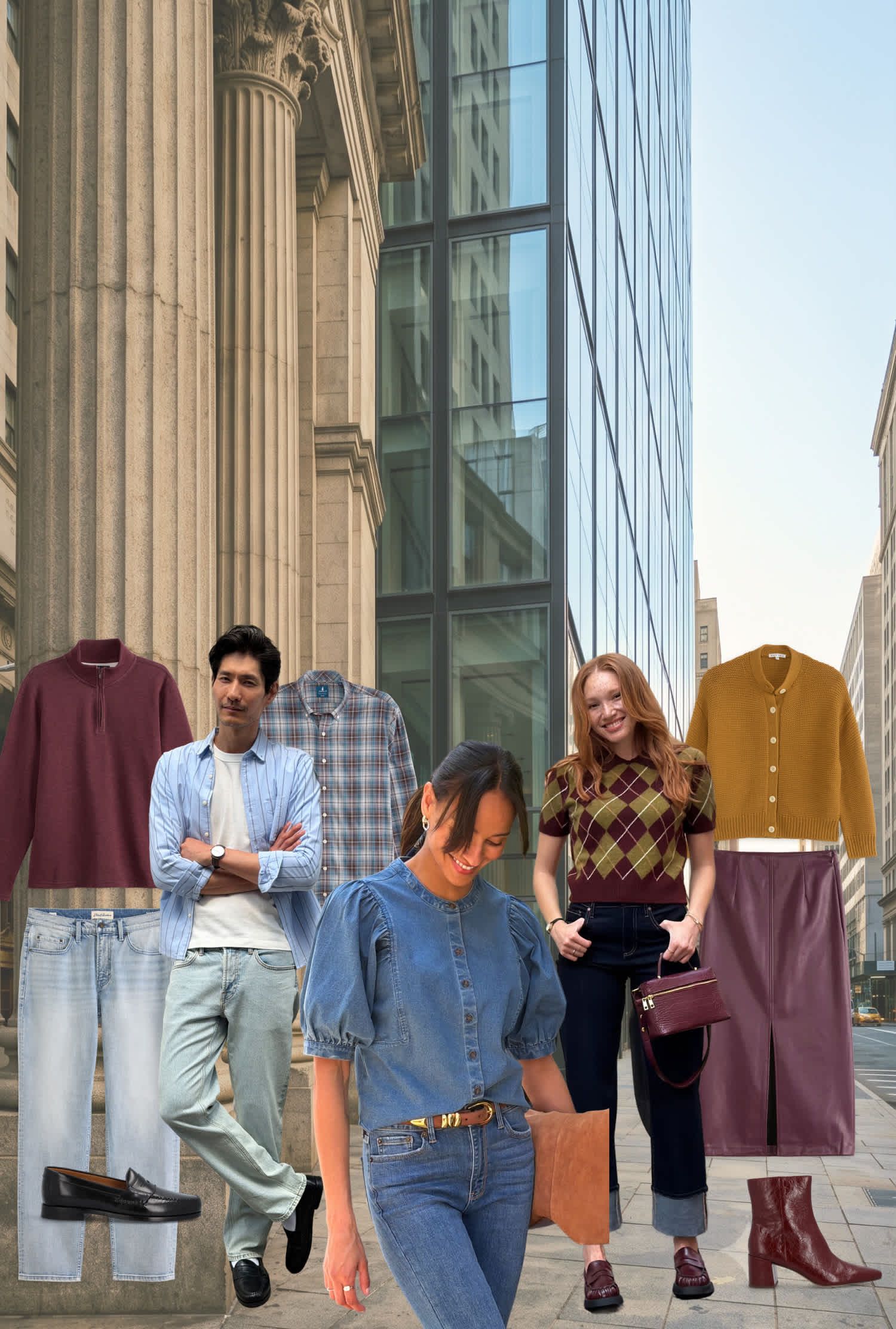 Two women and two men wearing elevated casual fall looks on a downtown city street, surrounded by coordinating seasonal clothing and shoes.