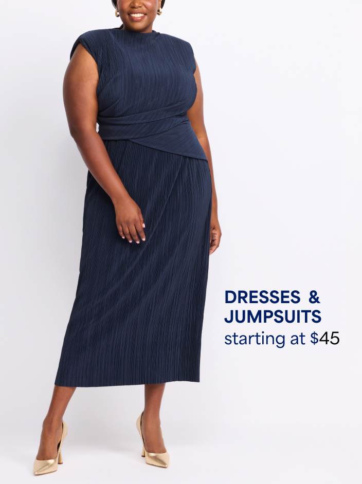 Woman wearing sleeveless dark navy pleated midi dress and metallic gold pointed toe high heels. Dresses and jumpsuits starting at $45