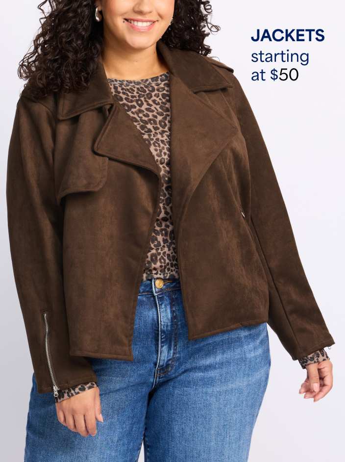 Woman wearing brown suede moto jacket over brown leopard print top and blue denim jeans. Jackets starting at $50