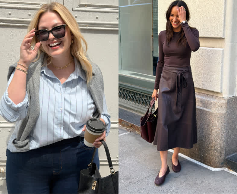 Split diptych image of two women in stylish fall outfits featuring a blue striped shirt and a brown leather skirt