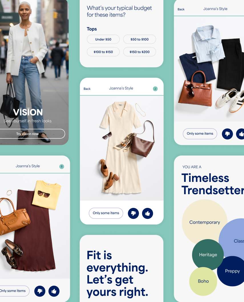 Collage of app screens displaying outfit recommendations, budget options, and a style quiz interface