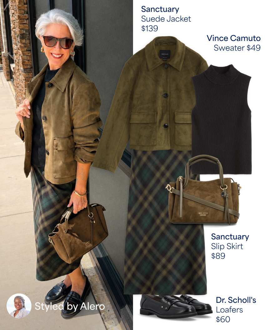 Split diptych image of a woman wearing an olive suede jacket and plaid skirt alongside a flat lay of the full outfit