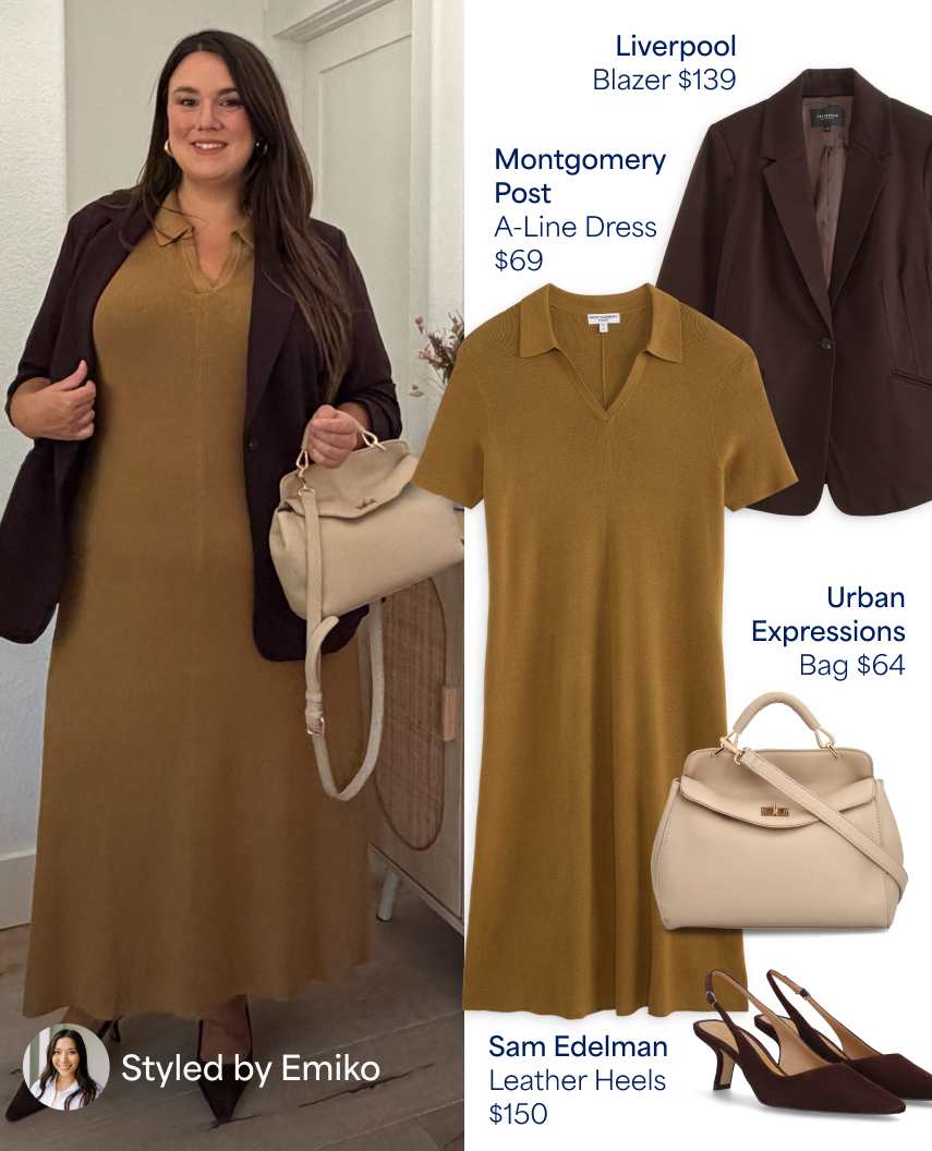 Split diptych image of a woman in a brown dress and blazer alongside a flat lay of the matching outfit and accessories