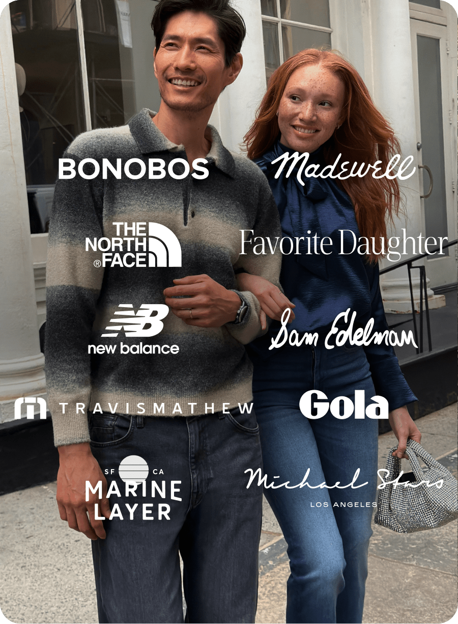 Man in striped shirt and jeans, woman in denim top and white pants, brown shoes with national brand logos