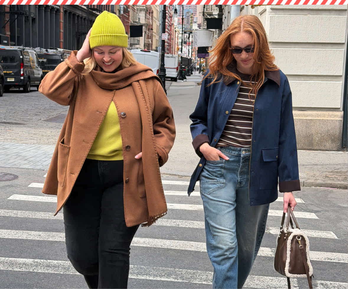 A split image featuring a man in a rust-colored sweater sitting on brown stone steps holding a leash attached to a basset hound on the left, and a redheaded woman holding a large evergreen holiday wreath with a red ribbon on the right.