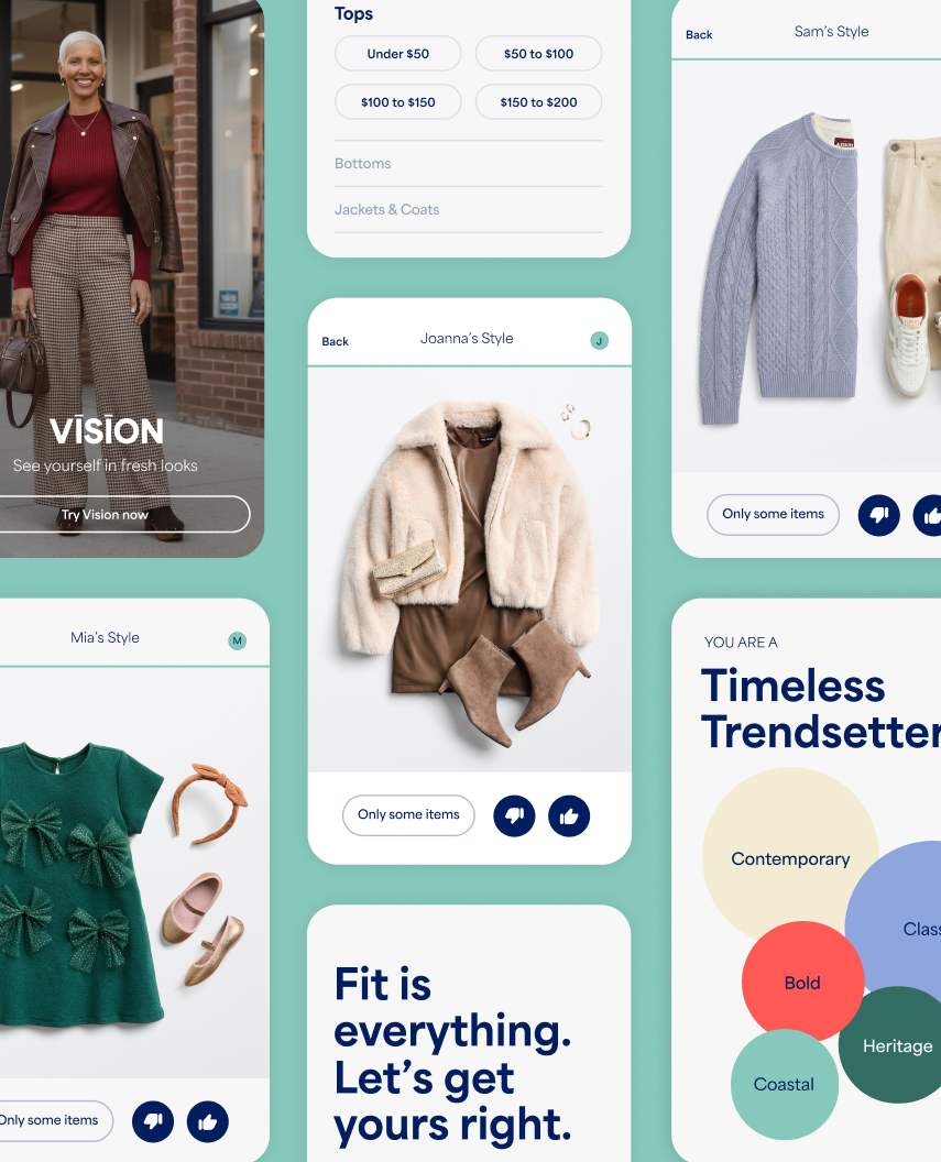 Various different screenshots, showing various experiences and steps of the Stitch Fix quiz.