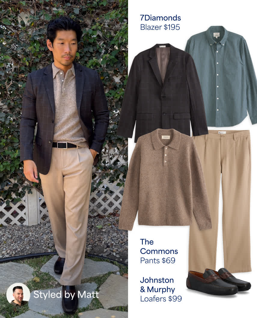 A side-by-side fashion styling graphic. On the left, a man poses outdoors wearing a dark plaid 7Diamonds blazer over a beige long-sleeve knit polo, beige pleated trousers, a black belt, and dark brown loafers. A small avatar in the bottom-left corner reads "Styled by Matt". On the right, flat-lay images display the individual clothing items along with text: a dark plaid 7Diamonds blazer ($195), a dark teal button-down shirt, a light brown long-sleeve polo sweater, beige pants by The Commons ($69), and black and brown loafers by Johnston & Murphy ($99).