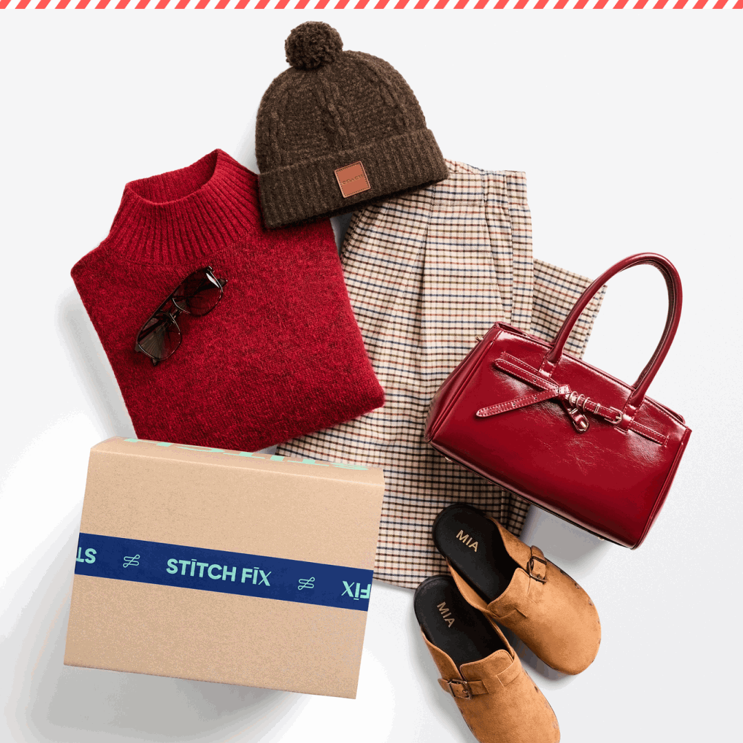 An animated GIF featuring a four-panel carousel of Stitch Fix autumn clothing curations: Panel 1: A flat-lay arrangement of women's apparel including a red sweater, plaid pants, a pom-pom beanie, a glossy red handbag, tan suede clogs, and a Stitch Fix delivery box. Panel 2: A men's wardrobe layout showing neutral-toned shirts and sweaters hanging on a rack above folded pants and several pairs of shoes. Panel 3: A flat-lay capsule collection featuring a brown polka-dot maxi skirt, a blue chore jacket, a royal blue cardigan, red trousers, a striped sweater polo, blue jeans, shoes, and accessories. Panel 4: A layered diagonal display of five men's long-sleeve button-up shirts in autumn plaid, olive green, brown fleece, and patterned flannel.