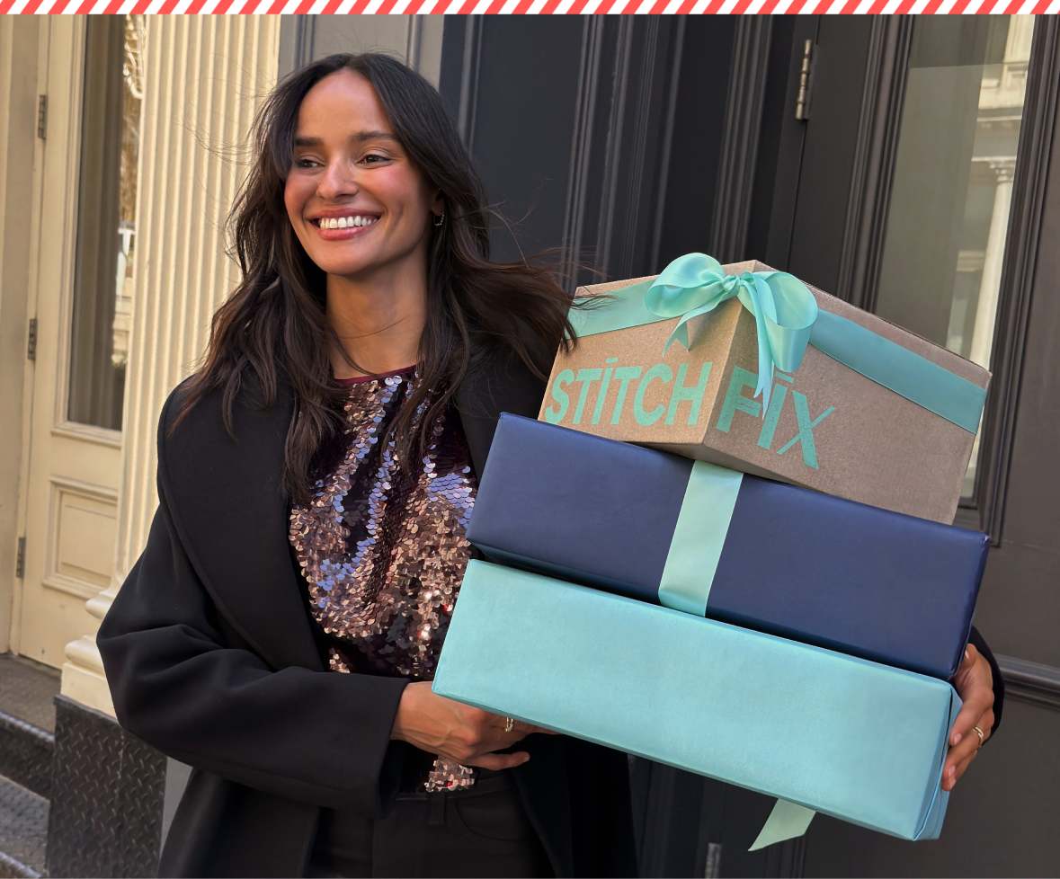 A split lifestyle image featuring a man and woman standing next to a Christmas tree on a sidewalk on the left, and a woman in a white long-sleeve top and sage green satin skirt walking past store windows on the right.