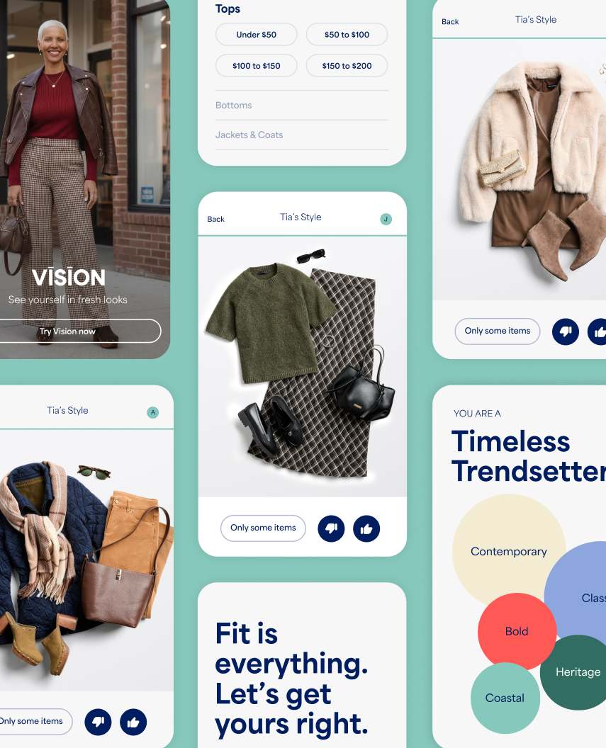 A promotional collage featuring Stitch Fix app experiences including Vision AI outfit previews, personalized style recommendations, style preference categories, and budget selection tools. Text includes “Powered by AI, styled by humans, loved by YOU,” “What’s your typical budget for these items?”, and style labels such as “Romantic,” “Boho,” “Edgy,” “Classic,” and “Preppy.” The collage also features outfit styling screens labeled “Joanna’s Style” and “Mia’s Style,” along with “VISION” and “See yourself in fresh looks.”