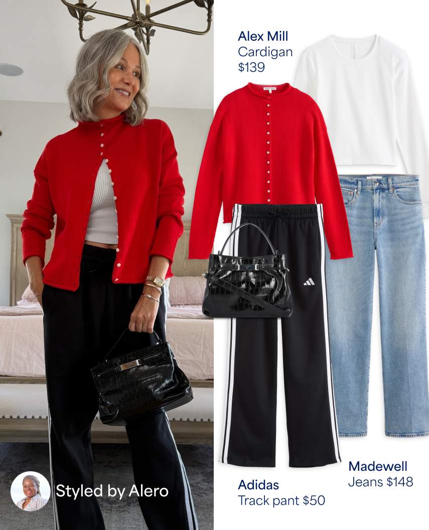 A side-by-side fashion styling graphic labeled "Styled by Alero" in the bottom-left corner. On the left, a smiling woman with shoulder-length silver hair stands indoors wearing a vibrant red button-down cardigan partially open over a white ribbed top, paired with black Adidas track pants featuring white side stripes, and holding a black croc-embossed handbag. On the right, flat-lay images showcase the individual outfit pieces and prices: a red Alex Mill cardigan ($139), a white long-sleeve crewneck top, black Adidas track pants ($50), a black croc-embossed top-handle bag, and light-wash straight-leg Madewell jeans ($148).