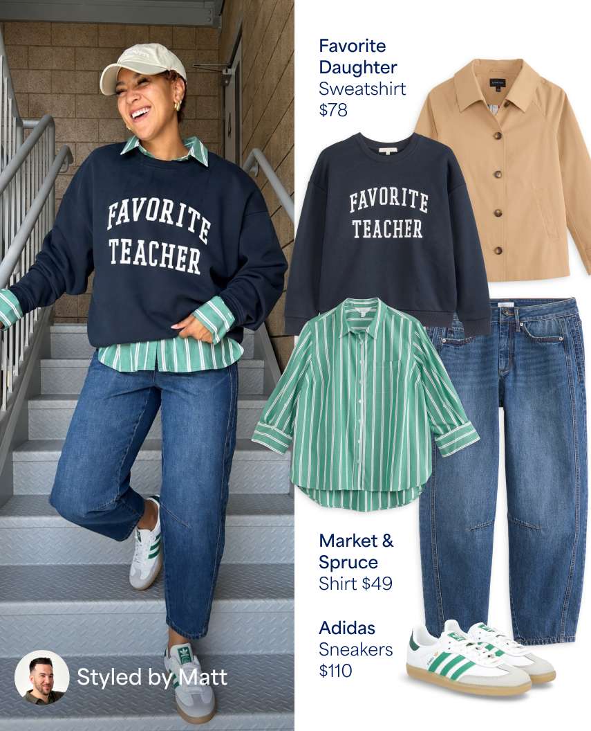 A side-by-side fashion styling graphic labeled "Styled by Matt" in the bottom-left corner. On the left, a smiling woman wearing a beige baseball cap poses on an outdoor staircase wearing a dark navy "FAVORITE TEACHER" crewneck sweatshirt layered over a green-and-white striped button-down shirt, paired with medium-wash barrel jeans and white Adidas sneakers with green stripes. On the right, flat-lay product images showcase the individual outfit pieces along with prices: a tan jacket shirt, a dark navy Favorite Daughter sweatshirt ($78), a green-and-white striped Market & Spruce shirt outlined in a blue selection box ($49), medium-wash jeans, and white Adidas sneakers with green stripes ($110).