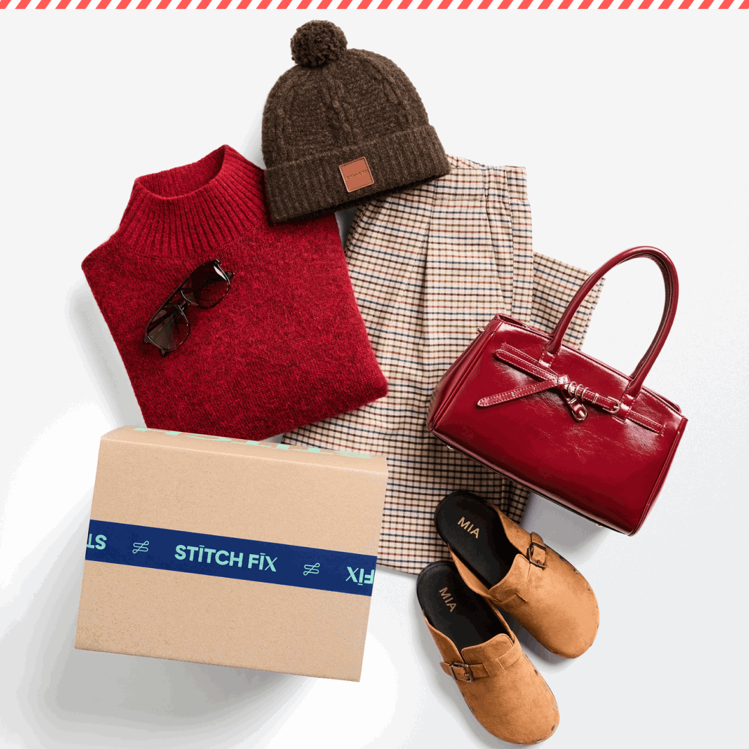 An animated GIF featuring a four-panel carousel of curated autumn fashion outfits and wardrobe collections: Panel 1: A flat-lay layout of a red knit sweater, plaid trousers, a brown beanie, dark sunglasses, a red handbag, tan suede clog mules, and a Stitch Fix delivery box. Panel 2: A neutral beige and cream capsule wardrobe hanging on a rack beside a wooden chair stacked with sweaters, paired with tall boots and shoulder bags below. Panel 3: A cozy flat-lay outfit showing a navy quilted coat with a plaid scarf, tan corduroy pants, tan suede clog sandals, and a brown leather tote bag. Panel 4: A flat-lay collage featuring a brown polka-dot skirt, a blue chore jacket, a bright blue cardigan sweater, red trousers, a striped polo, dark denim, shoes, and accessories.