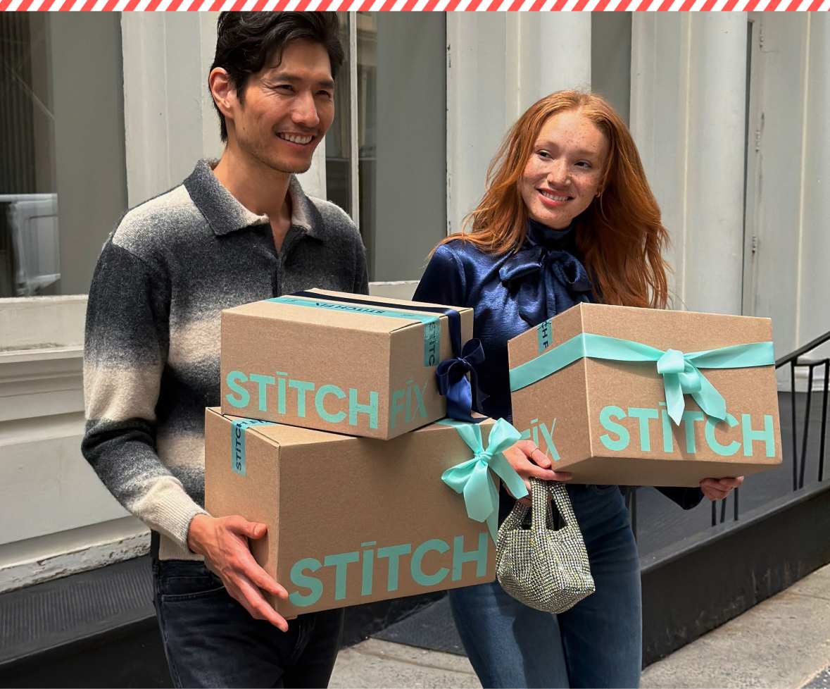A split fashion image showing a man in a gradient polo sweater walking alongside a woman carrying Stitch Fix gift boxes on the left, and a man posing against a grey building wall wearing a denim jacket over a white crewneck shirt, brown pants, and brown shoes on the right.