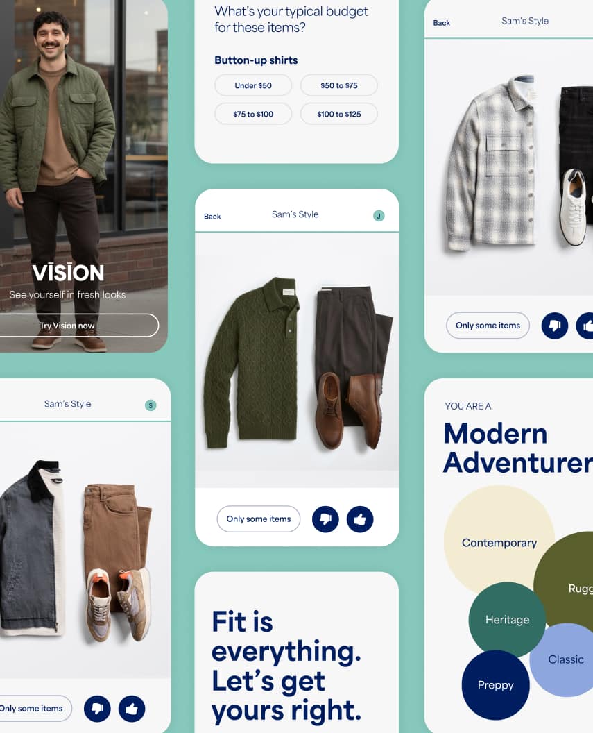A mobile app interface showcasing Stitch Fix style features against a light mint background. The screens display custom outfit recommendations, budget preference selectors, a model wearing an olive jacket, flat-lay apparel sets, and a style profile card labeling the user a "Modern Adventurer".