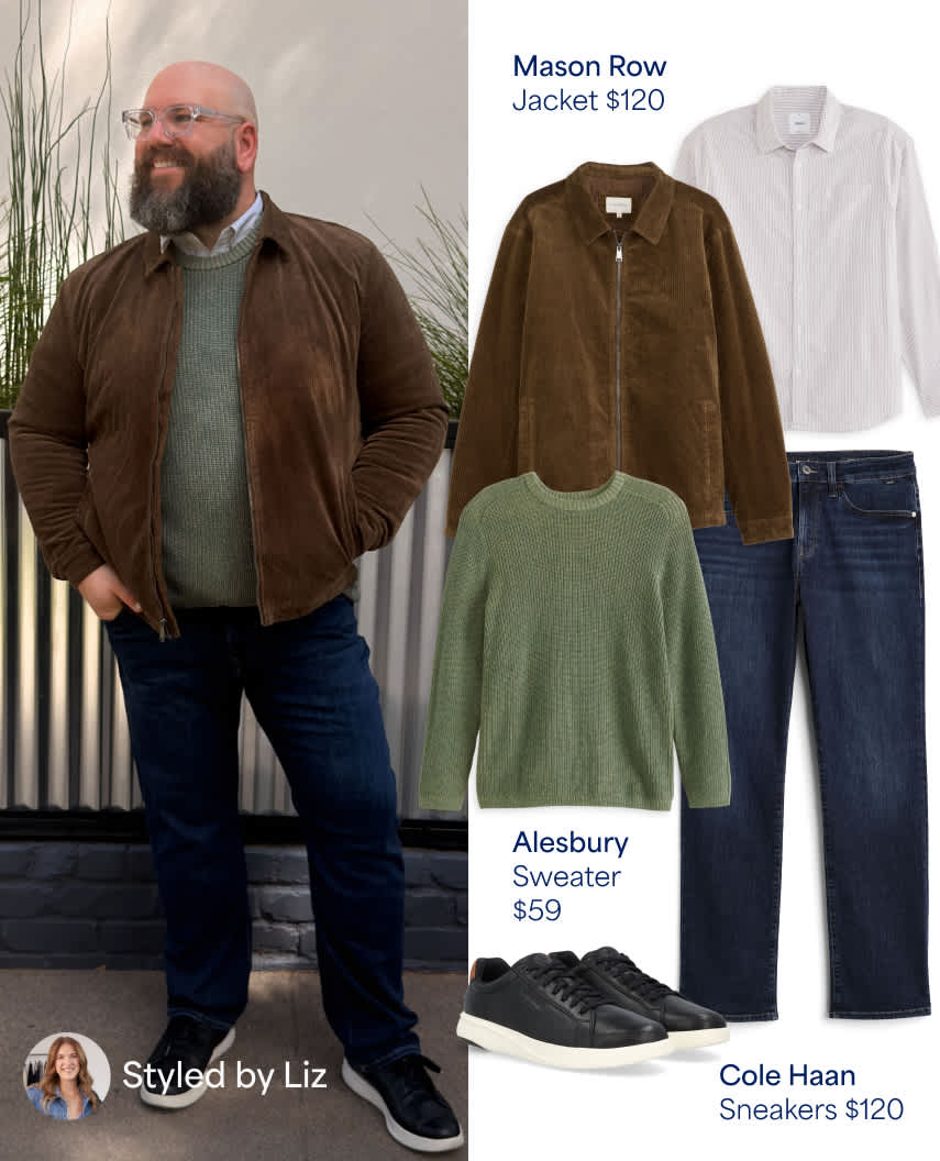 A side-by-side fashion styling graphic labeled "Styled by Liz" in the bottom-left corner. On the left, a bearded man wearing glasses poses in a brown jacket over a green sweater, dark blue jeans, and black sneakers. On the right, flat-lay product images display the outfit items with prices: a light striped button-down shirt, a brown jacket by Mason Row ($120), a green Alesbury sweater ($59), dark denim jeans, and black Cole Haan sneakers ($120).
