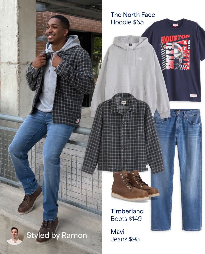 A side-by-side fashion styling graphic labeled "Styled by Ramon" in the bottom-left corner. On the left, a man leans against a railing outdoors wearing a grey plaid shirt jacket over a grey hoodie, blue jeans, and brown leather shoes. On the right, flat-lay images showcase the outfit pieces with prices: a light grey The North Face hoodie ($65), a graphic tee, a dark grey plaid button-up overshirt, blue Mavi jeans ($98), and brown Timberland boots ($149).
