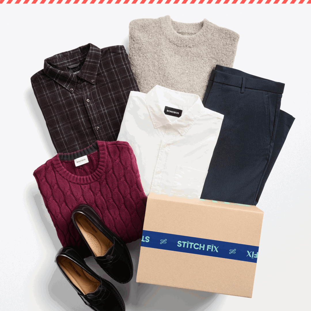 An animated GIF featuring a four-panel carousel showcasing men's autumn fashion collections and clothing curations: Panel 1: A flat-lay arrangement featuring a dark plaid button-up shirt, a grey knit crewneck sweater, a burgundy cable-knit sweater, a white dress shirt, navy trousers, black loafers, and a Stitch Fix cardboard delivery box. Panel 2: A men's wardrobe layout displaying neutral-toned shirts and sweaters hanging on a rack above folded pants and several pairs of shoes. Panel 3: A stack of five cozy knit and cable-knit men's sweaters neatly folded in shades of cream, beige, taupe, and dark brown. Panel 4: A layered diagonal display of five men's long-sleeve button-up shirts showcasing autumn plaid, olive green, brown fleece, and patterned flannel.