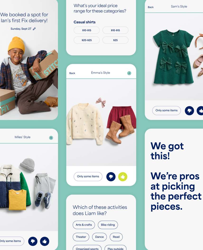 A composite graphic showing multiple mobile app screens on a light green background. The screens feature kids' styling options, profile questions, custom outfit recommendations, and flat-lay clothing sets.