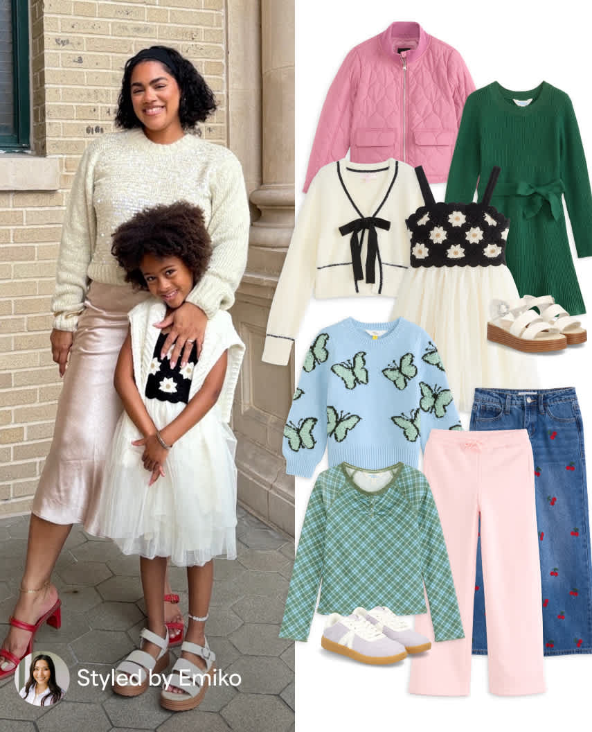A side-by-side fashion styling graphic labeled "Styled by Emiko". On the left, a woman in a cream sweater and satin skirt poses with a young girl in a crochet-top tulle dress. On the right, a flat-lay display showcases kids' clothing including a pink jacket, green dress, butterfly sweater, plaid top, and pink pants.