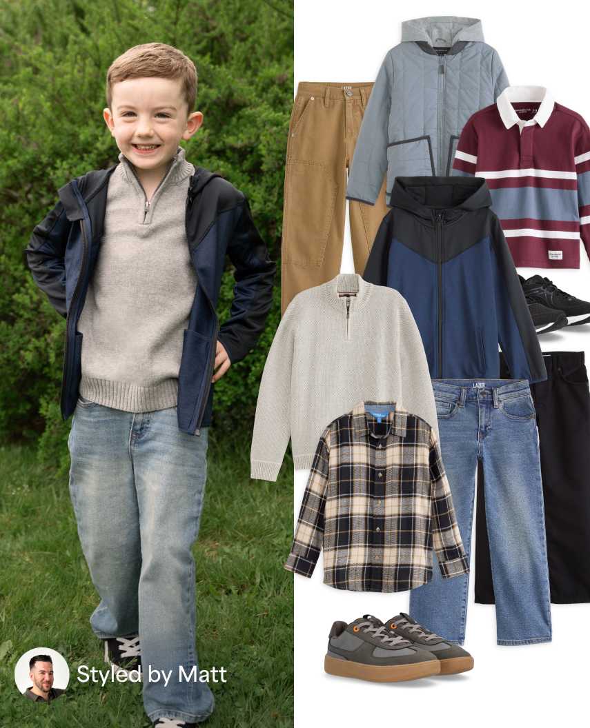 A side-by-side fashion styling graphic labeled "Styled by Matt". On the left, a young boy smiles outdoors wearing a grey quarter-zip sweater, jacket, and jeans. On the right, a flat-lay display features boys' clothing including a grey hooded jacket, striped polo sweater, plaid flannel shirt, cream sweater, jeans, and brown sneakers.