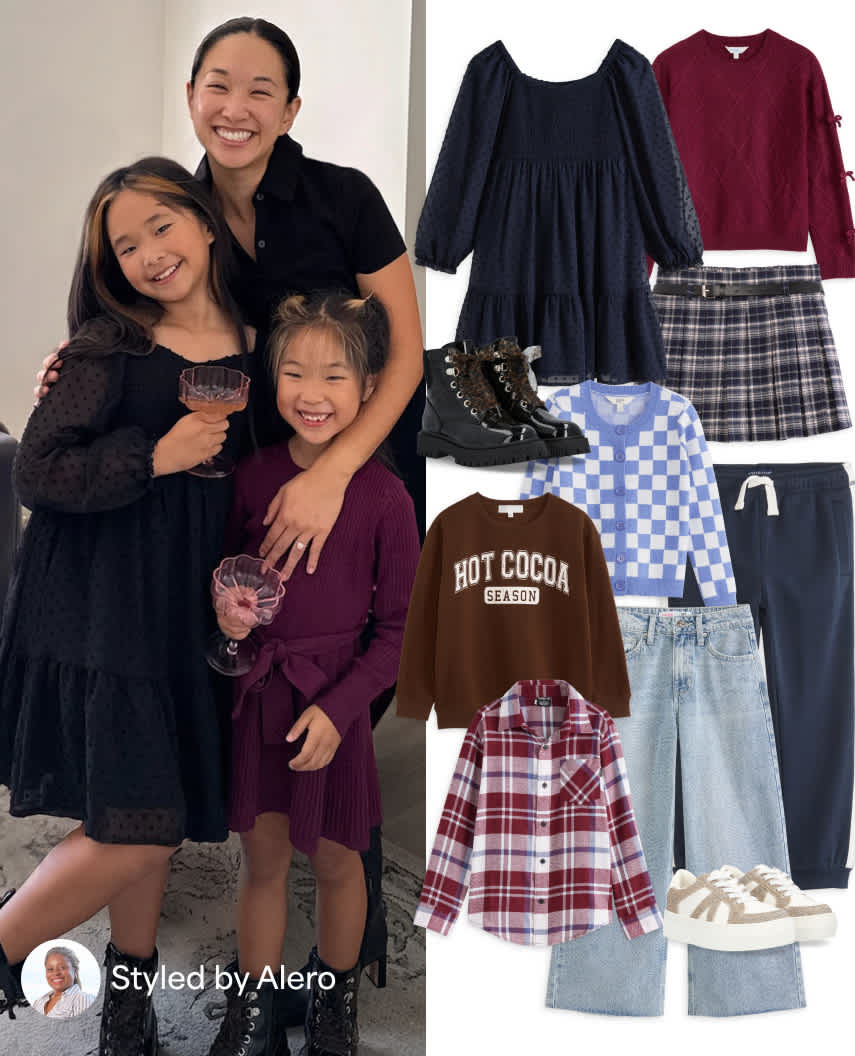 A side-by-side fashion styling graphic labeled "Styled by Alero". On the left, a mother poses with her two young daughters in black and plum holiday dresses. On the right, a flat-lay display shows girls' apparel including a black dress, burgundy top, plaid skirt, checkered sweater, light jeans, and white sandals.
