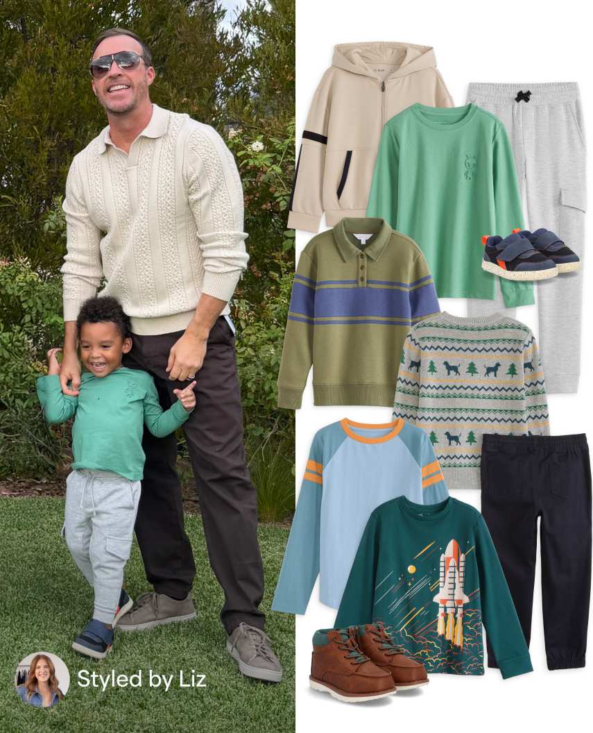 A side-by-side fashion styling graphic labeled "Styled by Liz". On the left, a father in a cream sweater polo stands outdoors next to his young son in a green long-sleeve tee and grey pants. On the right, a flat-lay display features boys' clothing including a beige hoodie, green long-sleeve top, striped polo sweater, space-themed t-shirt, dark pants, and brown boots.