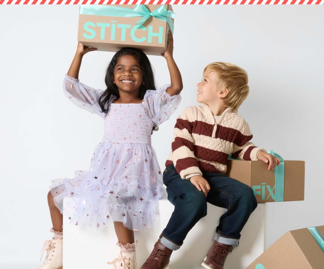 A split graphic featuring four kids. On the left, a boy in a green jacket and a girl in a beige sweater walk together. On the right, a girl in a party dress holds a Stitch Fix box overhead while sitting next to a boy in a striped sweater.