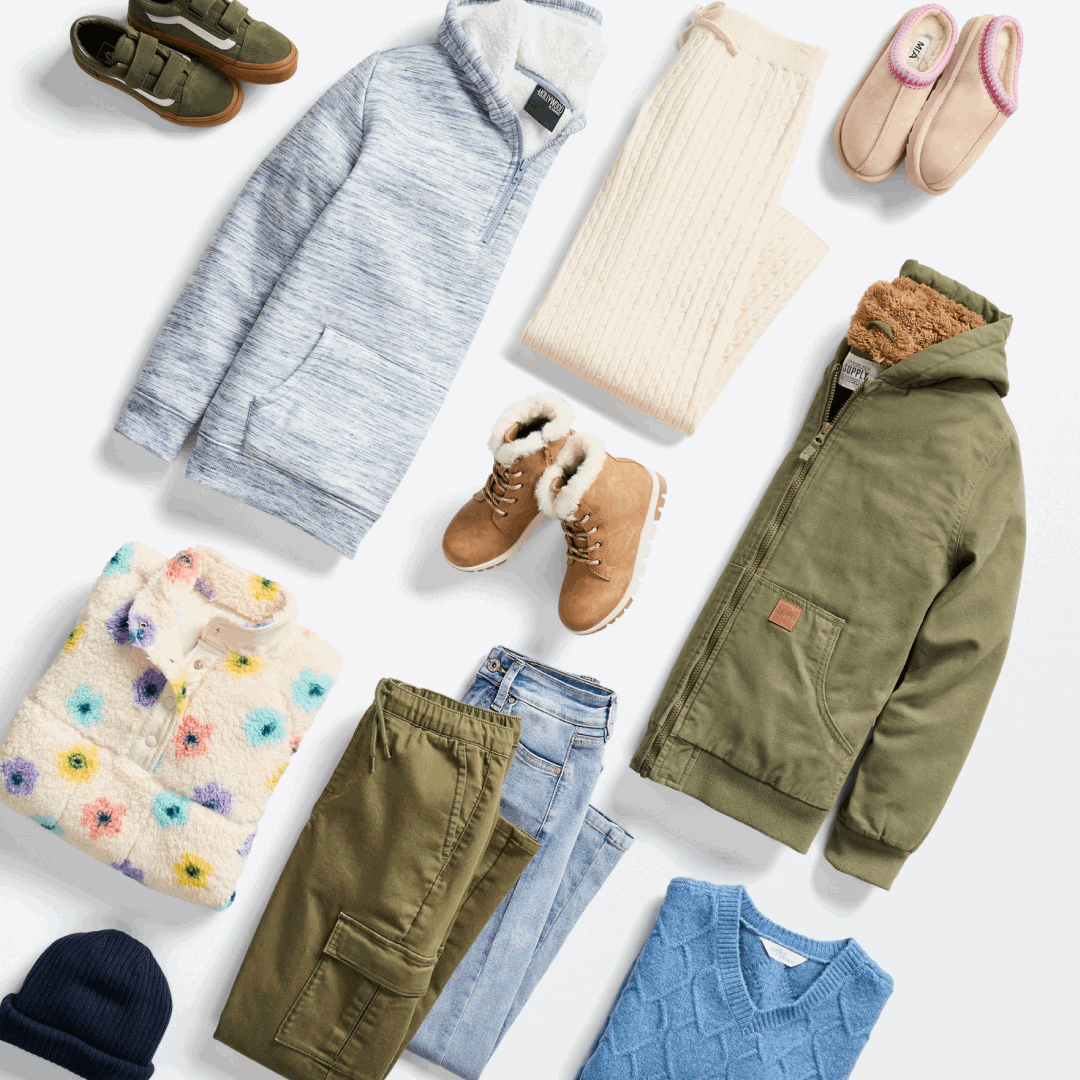 An animated GIF featuring a four-panel carousel of kids' autumn and winter clothing collections: Panel 1: A flat-lay arrangement of cozy children's apparel featuring a grey fleece hoodie, an olive green jacket, a floral fleece pullover, a blue knit sweater, ribbed cream leggings, jeans, green cargo pants, tan winter boots, green sneakers, and pink slippers. Panel 2: A kids' activewear wardrobe layout hanging on a rack, featuring dark patterned joggers, tan sweatpants, a red track suit set with white side stripes, a cream "84" varsity sweatshirt, and matching cream sweatpants hanging over the rail. Panel 3: A formal holiday outfit flat-lay featuring a grey-blue button-down shirt printed with small holiday trees, a dark navy bow tie, navy drawstring trousers, and tan suede loafers. Panel 4: A collage of colorful kids' footwear dangling and stacked against a plain white background, including high-top and low-top sneakers in leopard print, maroon, blue, metallic rose gold, green, and pastel hues.