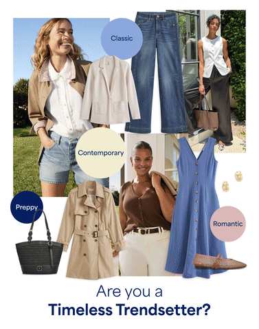 Animated quiz graphic cycling through four style identity questions with outfit inspiration. Each frame shows people wearing coordinated outfits alongside clothing collages labeled with style attributes. The frames read: “Are you a Timeless Trendsetter?” with classic and romantic looks; “Are you a Modern Classic?” featuring clean, tailored outfits; “Are you a Boho Dreamer?” with soft, relaxed, and feminine styles; and “Are you an Adventure Sport?” highlighting casual, active, and rugged looks. The animation introduces different style directions users can explore during the Stitch Fix style quiz.
