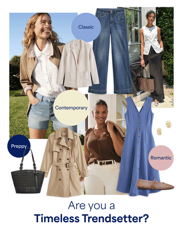 Animated style quiz graphic cycling through three frames of outfit inspiration. Each frame shows people wearing styled outfits alongside clothing collages labeled with style traits. The frames read: “Are you a Timeless Trendsetter?” featuring classic, preppy, contemporary, and romantic looks; “Are you a Boho Dreamer?” highlighting relaxed, feminine, and heritage-inspired styles; and “Are you a Modern Muse?” showcasing bold, edgy, contemporary, and active outfits. The animation introduces different style directions explored in the Stitch Fix style quiz.