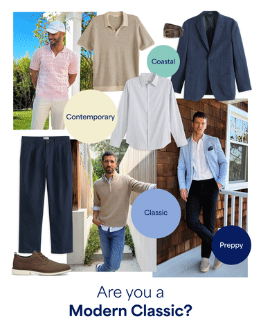 Animated collage of men’s Stitch Fix style boards cycling through different aesthetics and outfit inspiration. Frames feature curated clothing and lifestyle images labeled with style categories like Classic, Preppy, Contemporary, Coastal, Active, Rugged, and Bold, alongside prompts such as “Are you a Modern Classic?”, “Are you an Adventure Sport?”, and “Are you a Modern Coastal?”.