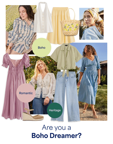 Animated style quiz graphic cycling through three frames of outfit inspiration. Each frame shows people wearing styled outfits alongside clothing collages labeled with style traits. The frames read: “Are you a Timeless Trendsetter?” featuring classic, preppy, contemporary, and romantic looks; “Are you a Boho Dreamer?” highlighting relaxed, feminine, and heritage-inspired styles; and “Are you a Modern Muse?” showcasing bold, edgy, contemporary, and active outfits. The animation introduces different style directions explored in the Stitch Fix style quiz.