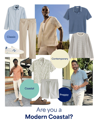Animated collage of men’s Stitch Fix style boards cycling through different aesthetics and outfit inspiration. Frames feature curated clothing and lifestyle images labeled with style categories like Classic, Preppy, Contemporary, Coastal, Active, Rugged, and Bold, alongside prompts such as “Are you a Modern Classic?”, “Are you an Adventure Sport?”, and “Are you a Modern Coastal?”.