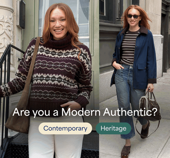 An animated four-panel GIF exploring different style archetypes, with each panel showing two split-screen fashion looks and questions overlaying the images: "Are you a Modern Authentic?" featuring a woman in a patterned turtleneck sweater and white pants alongside a woman in a navy chore jacket, striped top, and jeans (tagged Contemporary and Heritage). "Are you Rugged Classic?" featuring a man in a denim jacket over a white crewneck alongside a man in a navy polo sweater and khakis (tagged Rugged and Classic). "Are you a Timeless Trendsetter?" featuring a woman in a brown cardigan sweater alongside a woman in an all-black top and full midi skirt (tagged Classic and Contemporary). "Are you a Modern Sport?" featuring a man in a light jacket over a white tee alongside a man in a burgundy quarter-zip pullover and sneakers (tagged Contemporary and Active).